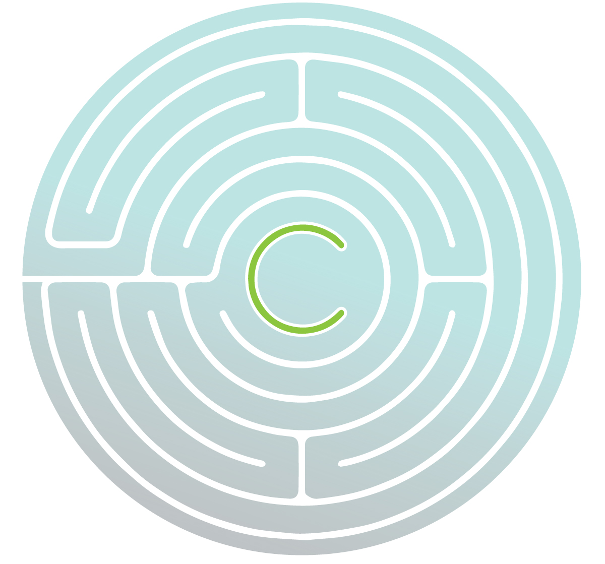 image of a labyrinth with a light blue background and a lowercase c in the center